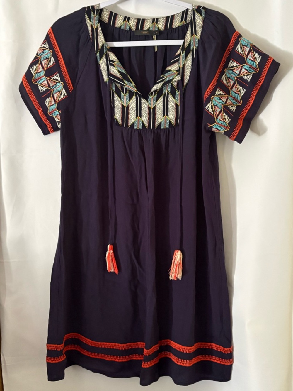 THML Navy Blue Embroidered Mini Dress with Coral Accents